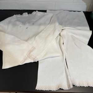 Vintage Ladies Thermals Long Johns PJ's Sz L White With Blue Flowers Cottagecore